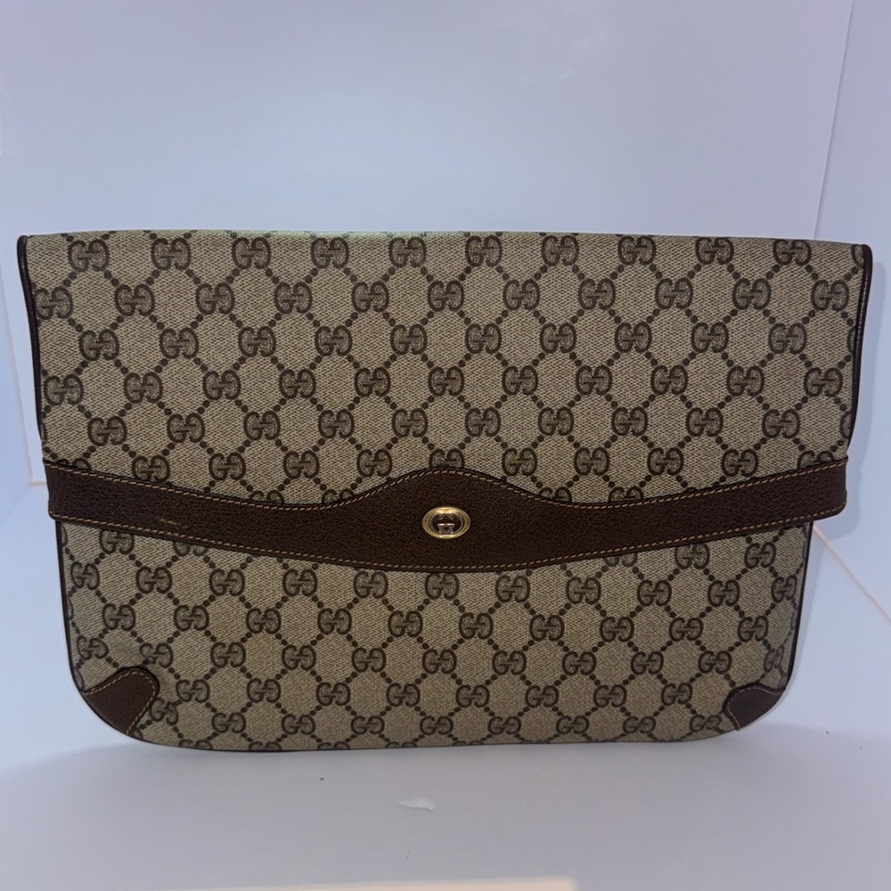 GUCCI Vintage Bifold Clutch Hand Bag GG PVC Leather Brown Purse